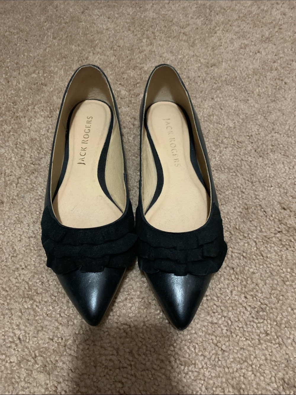 Jack Rogers Black Pointed Toe Ruffle Flats